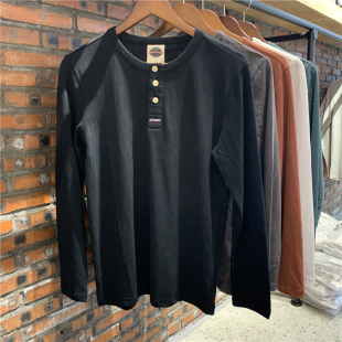 阿美咔叽休闲上衣 美式 纯棉三粒扣亨利领长袖 T恤男春秋宽松打底衫