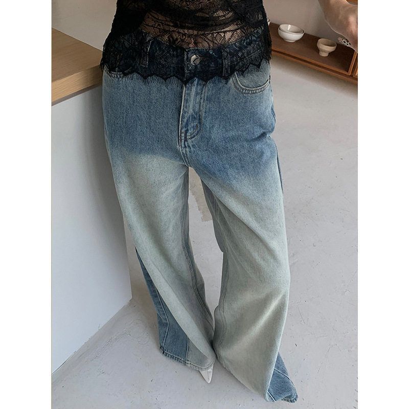 秋冬新款渐变撞色潮十三行长裤DX2拖地裤高腰原创设计小众牛仔裤