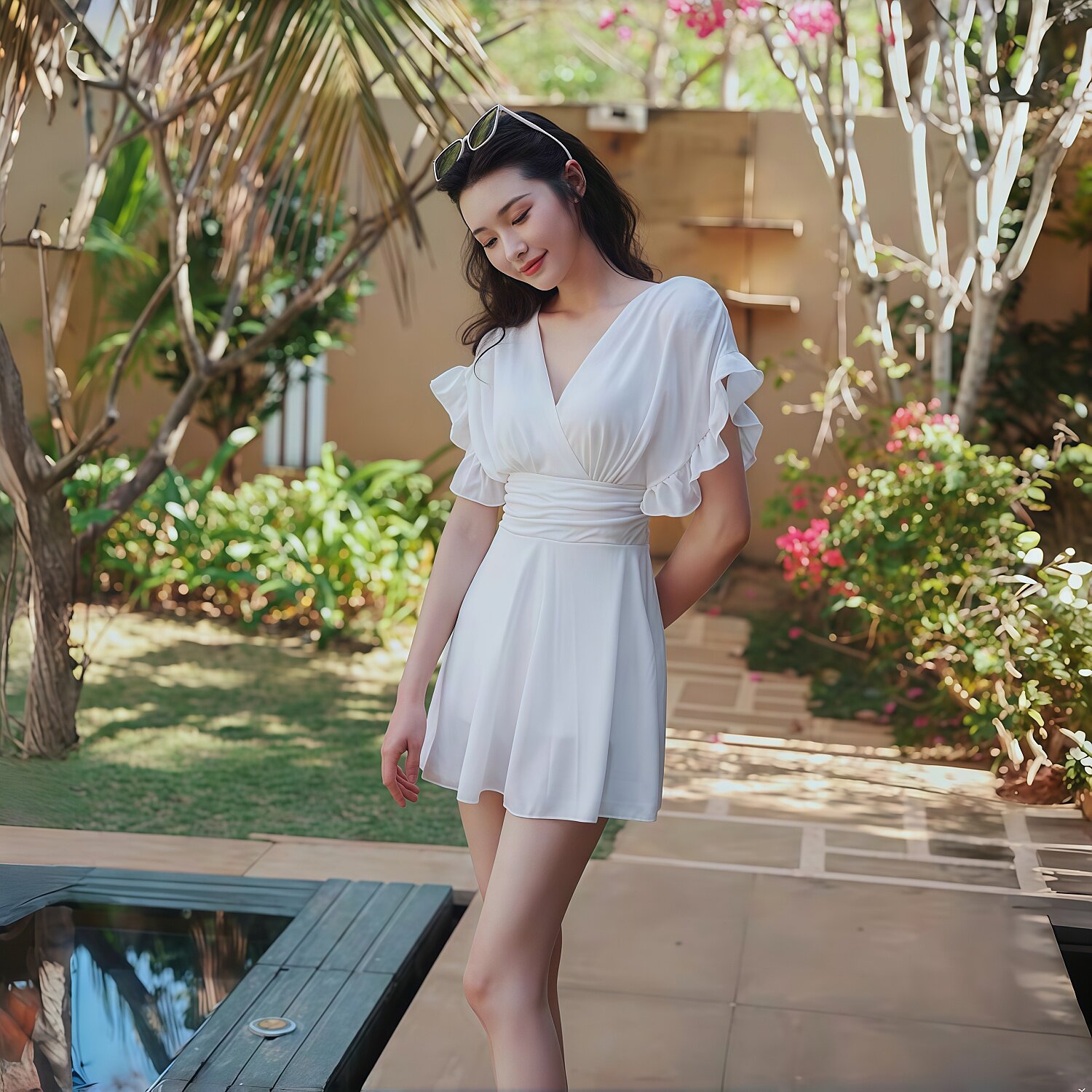 新款白色V领连体泳衣女小胸聚拢裙式显瘦高级感绝美温泉度假泳装