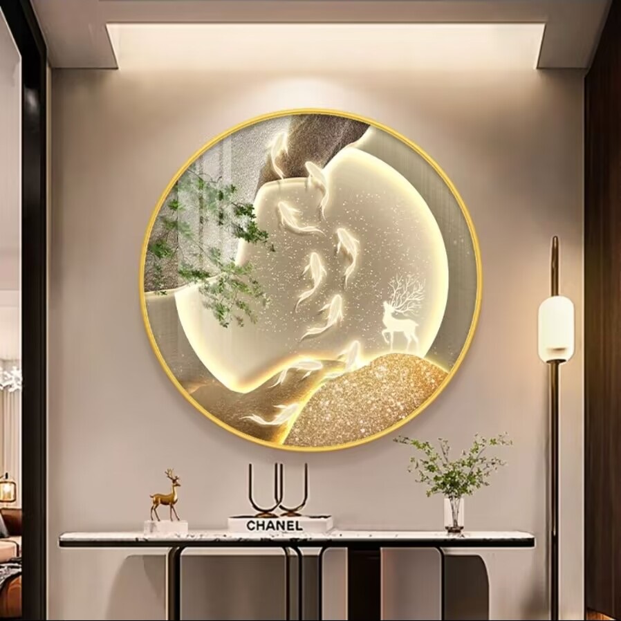 新中式圆形餐厅装饰画九鱼聚财入户门正对墙玄关挂画饭厅餐桌壁画