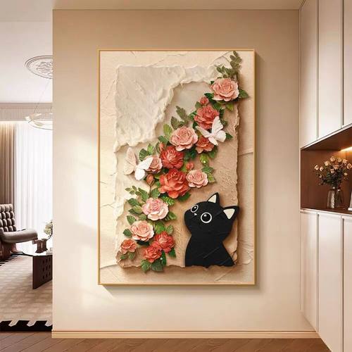 中古风猫咪客厅装饰画玫瑰高级感落地画复古沙发背景墙挂画玄关画