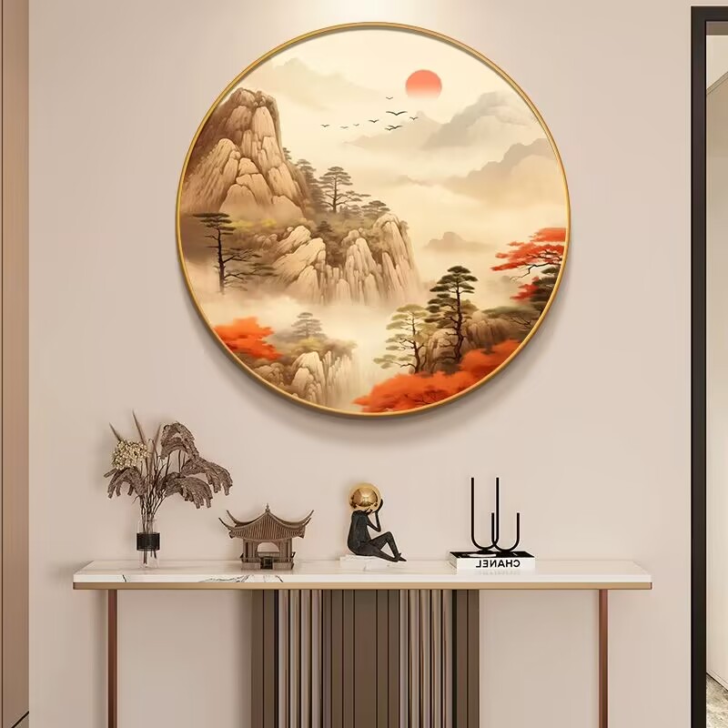 镇宅风水画鸿运当头圆形装饰画新中式东墙玄关客厅饭桌背景墙挂画图片