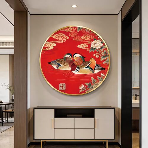 鸳鸯图卧室装饰画圆形主卧床头挂画新中式寓意好喜庆婚房装饰壁画