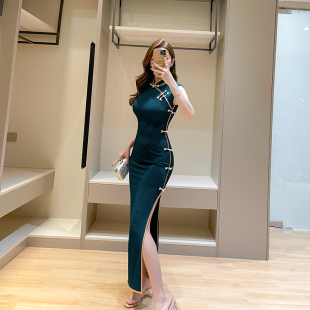 盘扣修身 气质优雅中国风古法无袖 开叉连衣裙 旗袍女夏季 绿色新中式