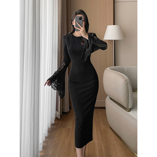修身 气质高级感垫肩喇叭袖 显瘦小黑裙 新款 黑色蕾丝拼接连衣裙秋季