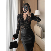 内搭上衣 气质轻奢女人味V领毛圈修身 假透肉加绒加厚蕾丝衫 冬新款