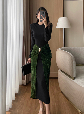 丝绒拼接假两件连衣裙春新款高级感轻奢圆领垫肩长袖遮肚显瘦长裙