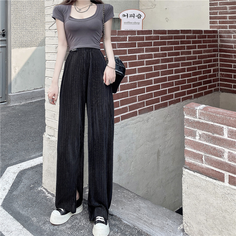 Real price ~ high waist drape feeling pleated open fork loose and thin floor pants wide leg pants