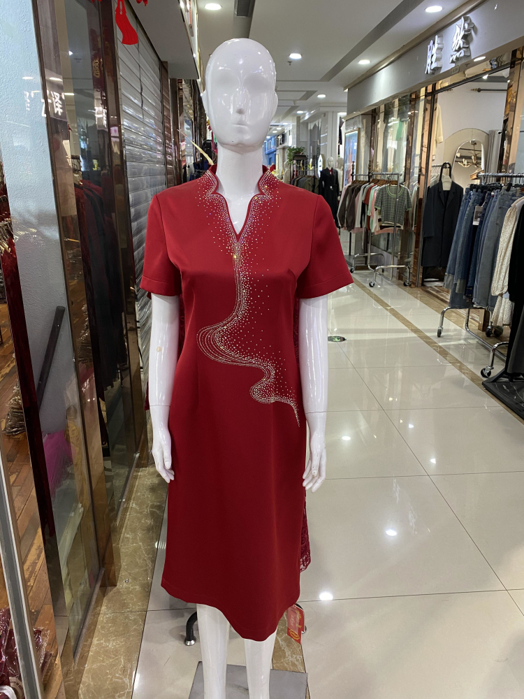 旗袍裙婚宴喜婆婆礼服V领烫钻