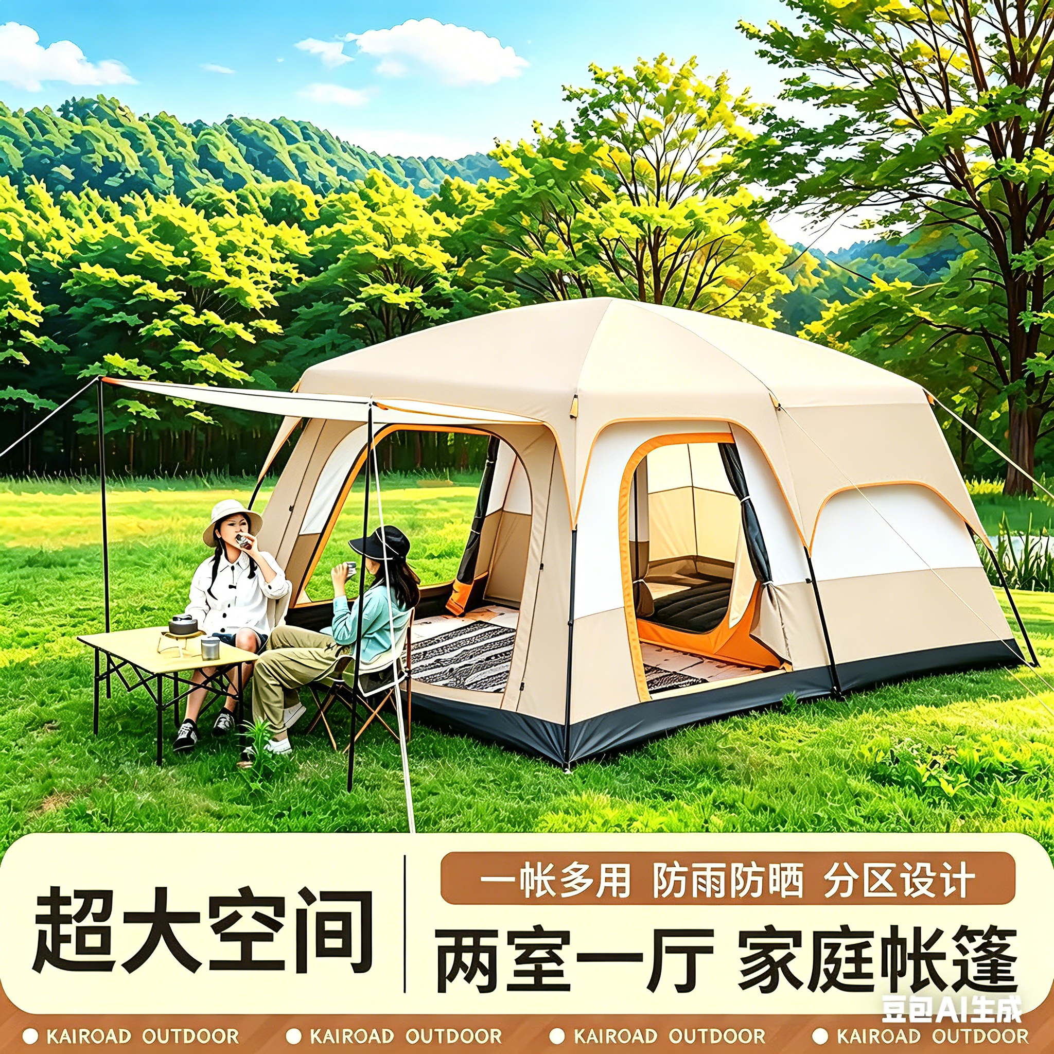 户外帐篷二室一厅多人超大野外野营加厚防雨防晒可折叠露营装备