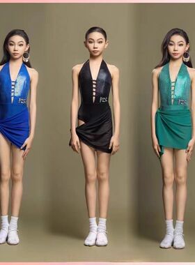 FZS舞服女童拉丁练功服夏季新款挂脖露背蛇皮网纱连体衣 三色可选