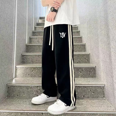 运动裤子男春秋款港风潮流百搭直筒学生卫裤美式侧边条纹阔腿长裤