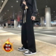 潮运动阔腿长裤 加绒加厚高街垂感宽松休闲裤 子男秋冬季 黑色直筒裤