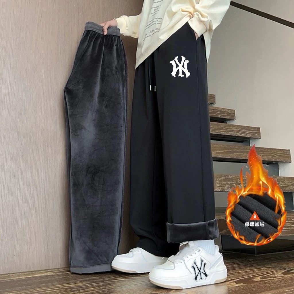 银狐绒运动卫裤男士加绒休闲直筒棉裤青少年潮流百搭宽松阔脚长裤