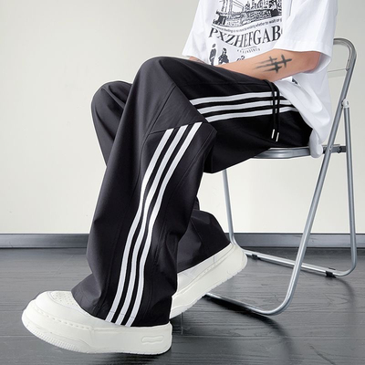 美式复古条纹拼接冰丝速干裤潮流高街宽松直筒裤青少年运动休闲裤