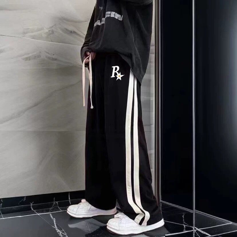 美式条纹卫裤男学生春秋款高街潮流宽松垂感阔脚直筒运动休闲长裤