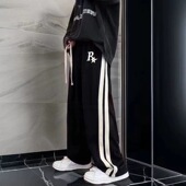 高街潮流宽松垂感阔脚直筒运动休闲长裤 男学生春秋款 条纹卫裤 美式