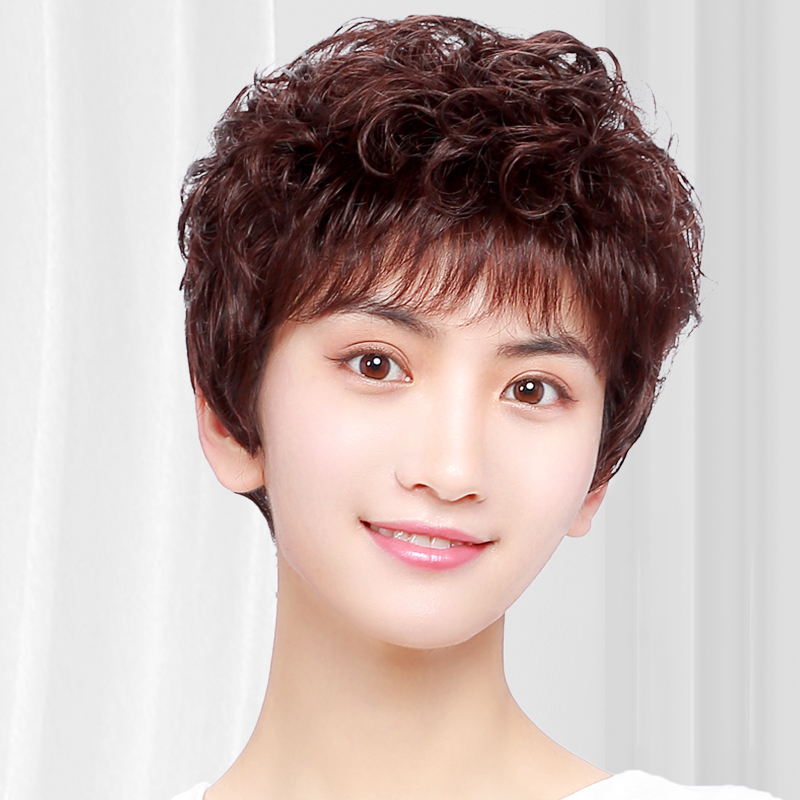 假发短发女中老年短卷发全头套全真人发丝妈妈真发套头发自然夏季