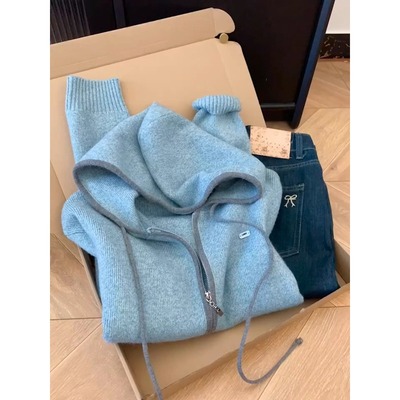 被这厚度感动到了！2025秋季慵懒高级风小个子灰蓝色开衫连帽毛衣