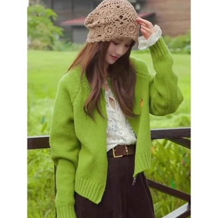 新款 秋冬季 软糯显瘦毛衣外套上衣 女款 小香风绿色圆领拉链针织开衫
