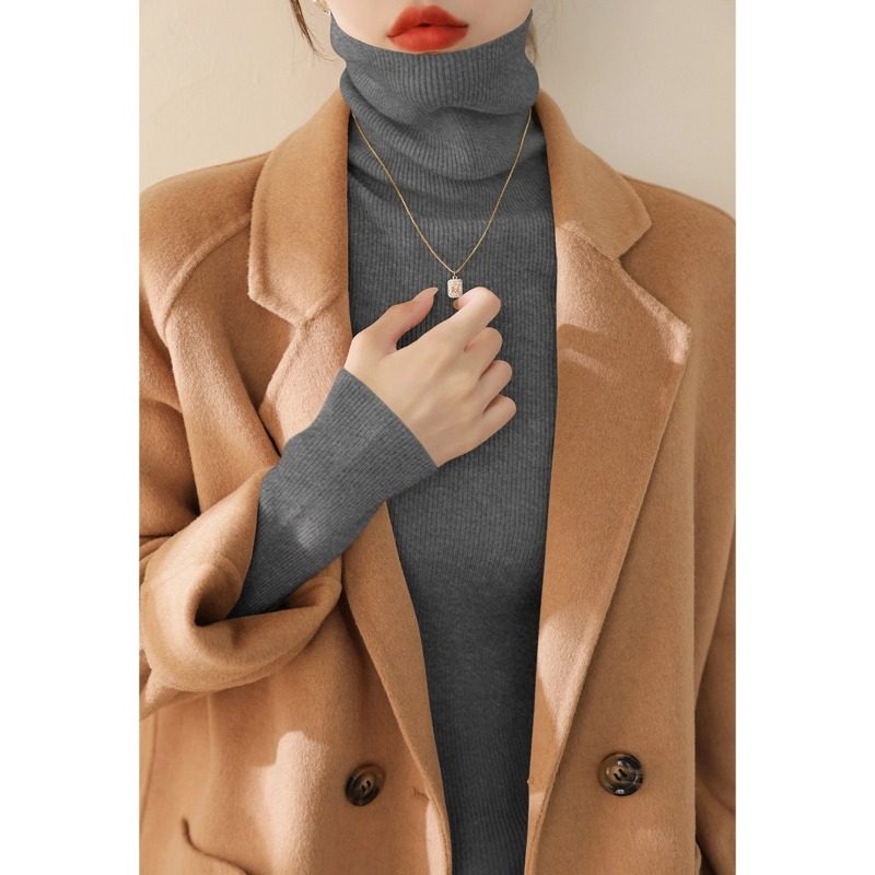 灰色高领针织打底衫女秋冬季2025新款修身显瘦毛衣内搭堆堆领上衣