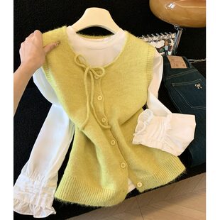 女春秋新款 温柔风系带针织马甲开衫 坎肩背心叠穿上衣 推荐 自留款