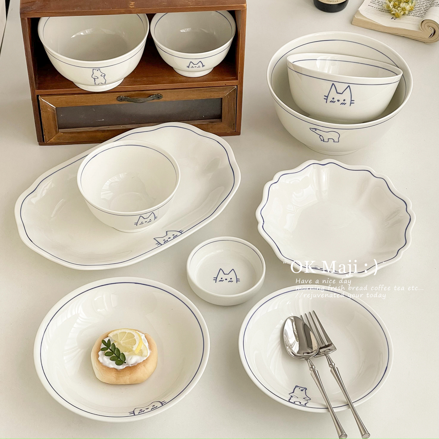 ins风高颜值釉下彩陶瓷碗盘套装