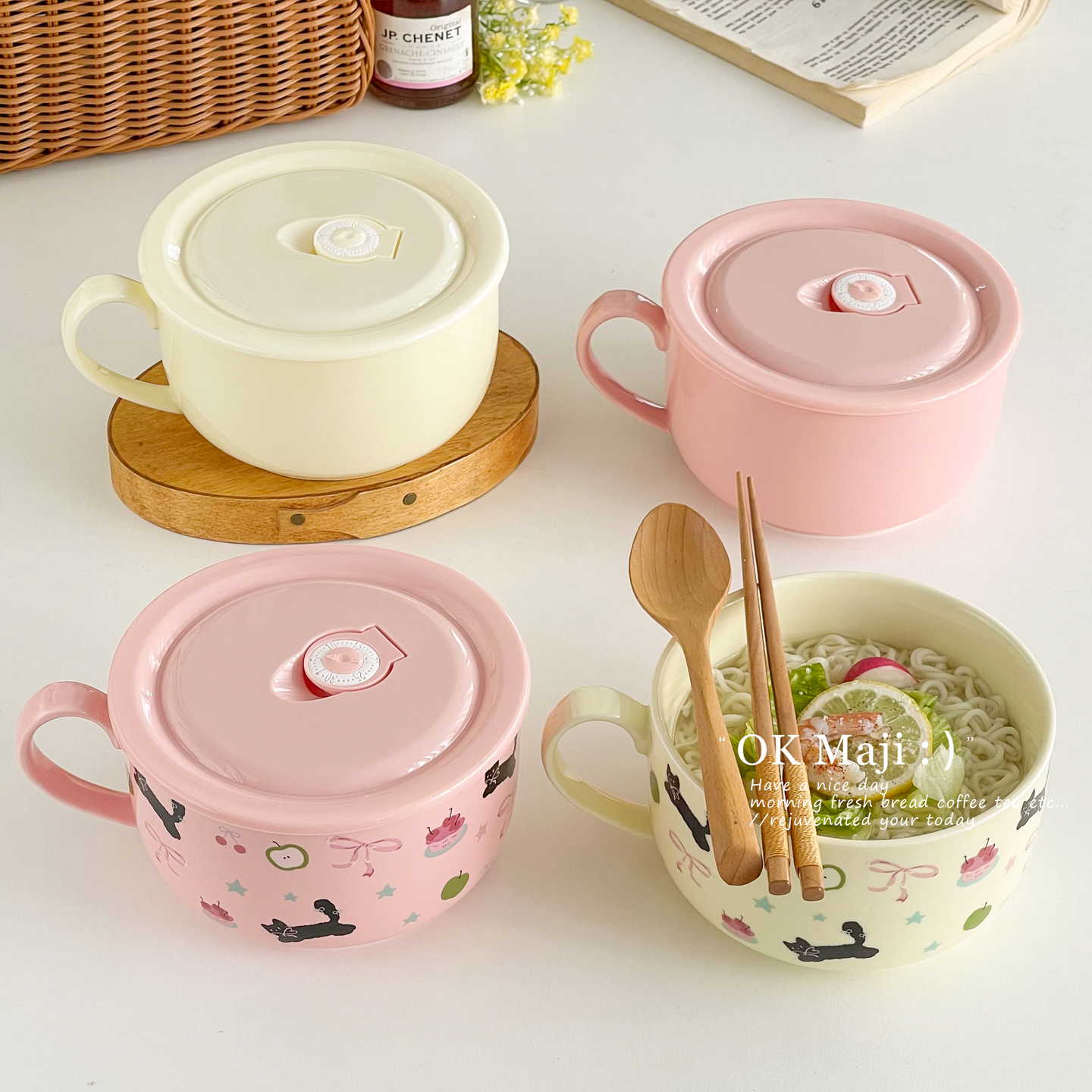 釉下彩可爱带把手学生宿舍泡面碗