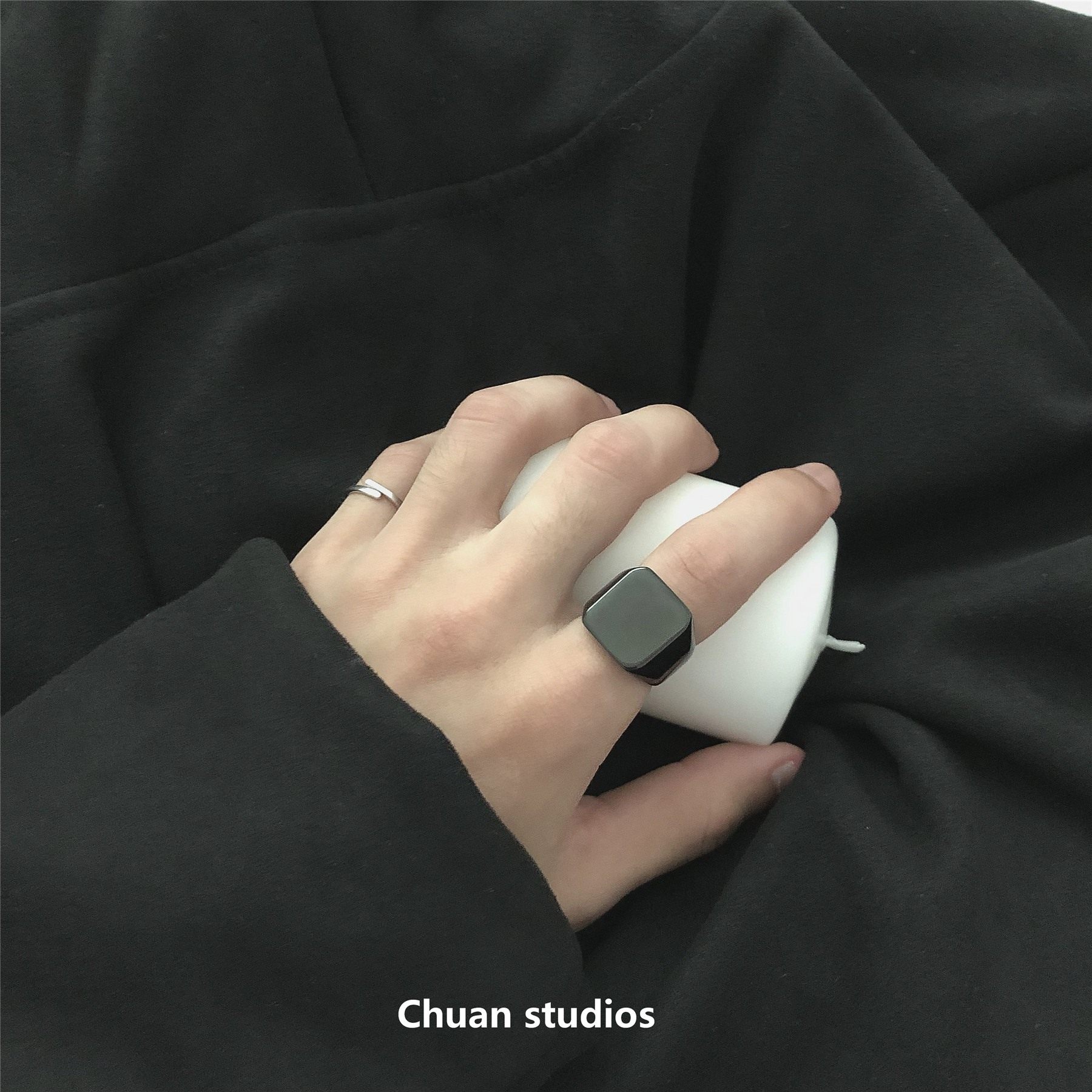 Chuan/19 暗黑戒指女ins极简冷淡风欧美高冷霸气黑色方形食指环男