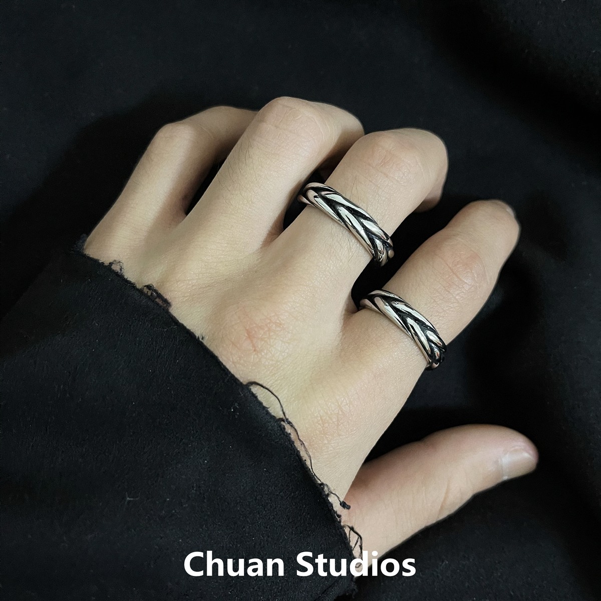 CHUAN/欧美复古小众麻花戒指男情侣ins冷淡风钛钢指环女2021年潮