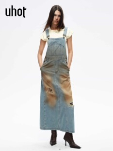 uhot 诱货26春蓝咖复古渐变水洗牛仔背带裙流光甜酷风UWLS3L051
