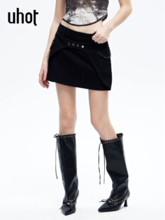 uhot 白牛仔机能风短裙高腰A字裙流光甜酷风UWLR1Q482 诱货26夏黑
