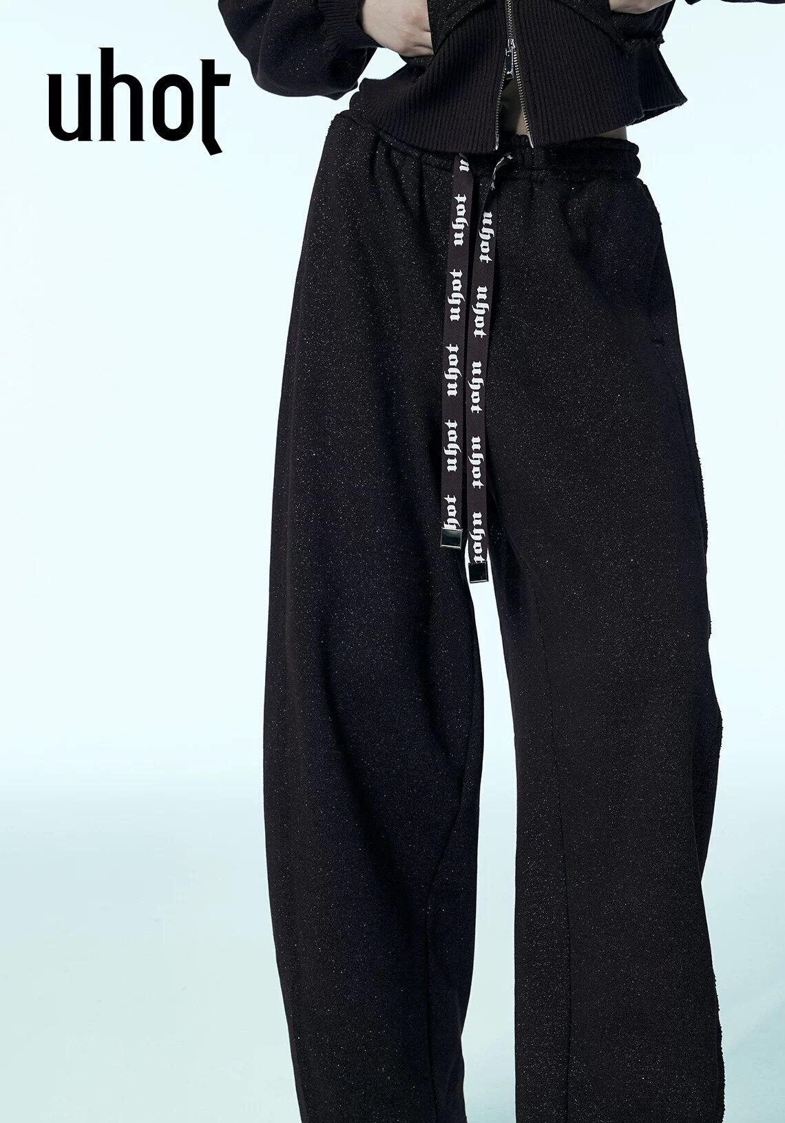 uhot/诱货咖色高腰弯刀裤宽松字母抽绳腰头设计25冬新款UWWW3K327