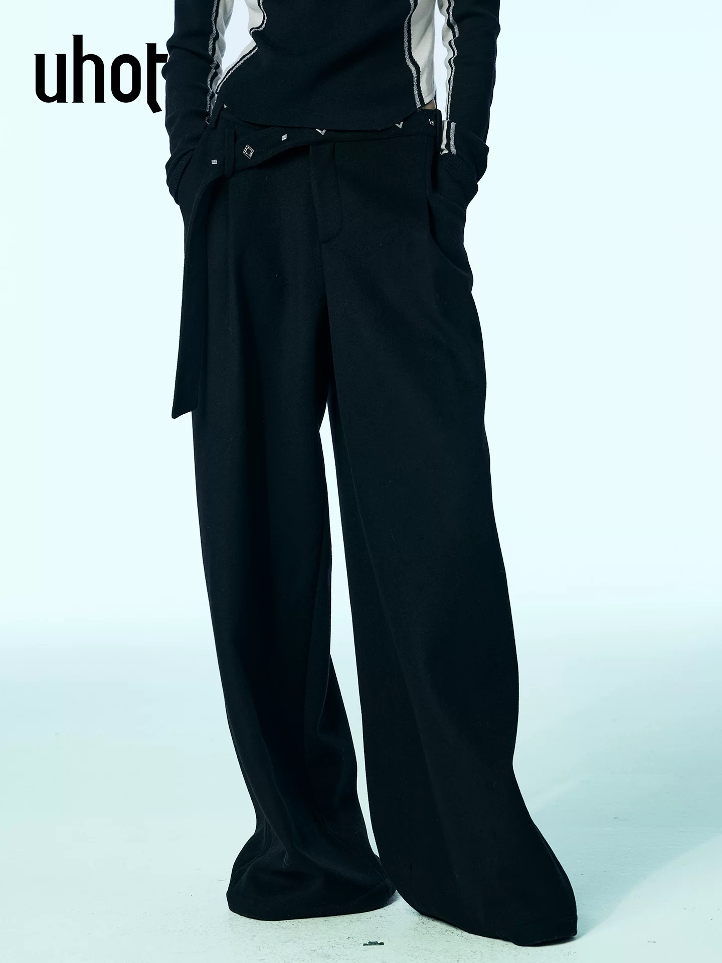 uhot/诱货黑色菱形撞钉腰带中性风阔腿裤宽松显瘦25新款UWWW3K278