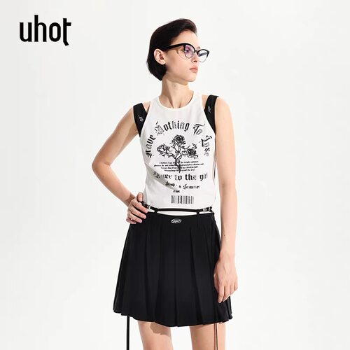 uhot/诱货黑白色印花烫钻镂空拼接上衣女士夏款性感露背UWWR4N464