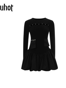 uhot UWWA3L282 诱货黑色镂空穿珠针织拼接连衣裙简约优雅25冬新款