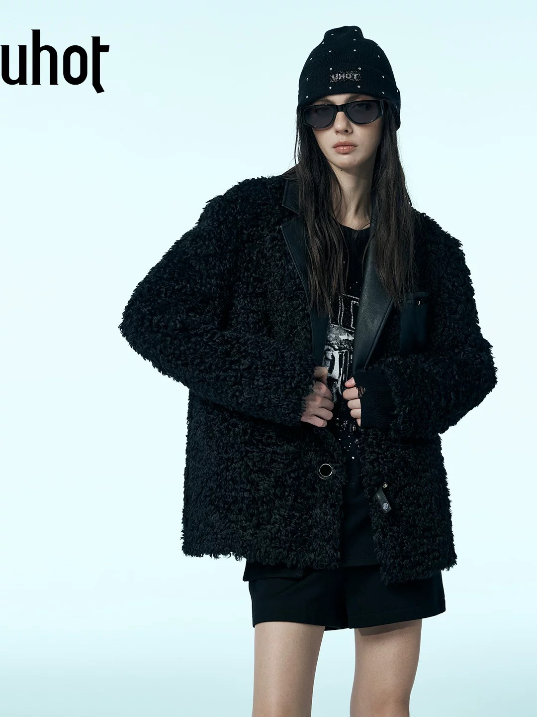 uhot/诱货黑色环保皮毛绒感外套女经典西装翻领高级保暖UWWW2W247