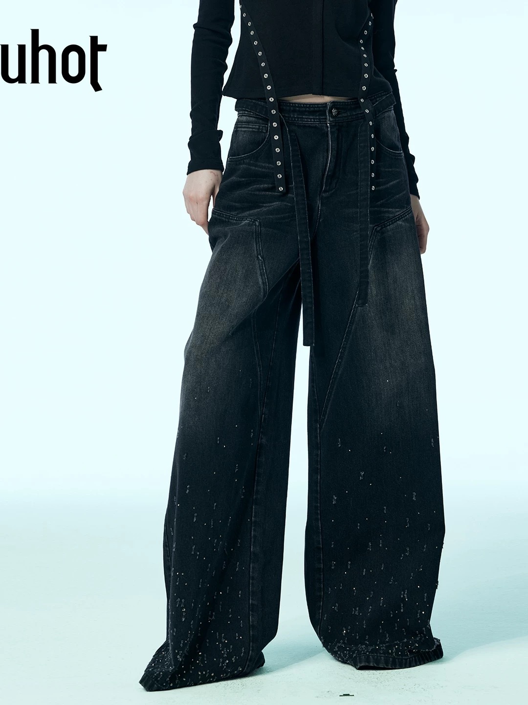 uhot/诱货黑灰色水洗阔腿牛仔裤女高腰A字廓形渐变破洞 UWWW2K132