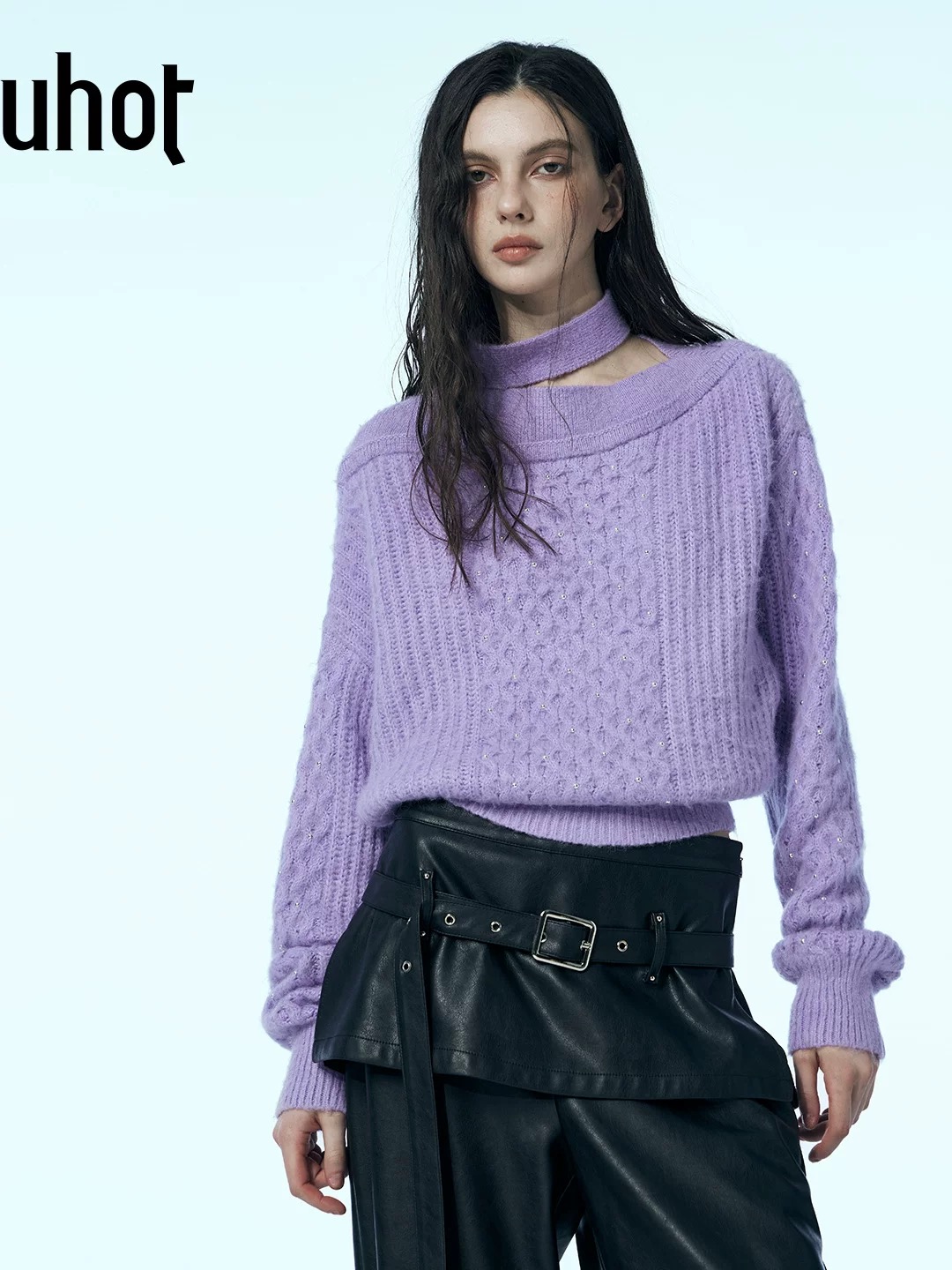 uhot/诱货紫色挂脖露肩斜肩型针织衫性感俏皮保暖25新款UWWW2Z190