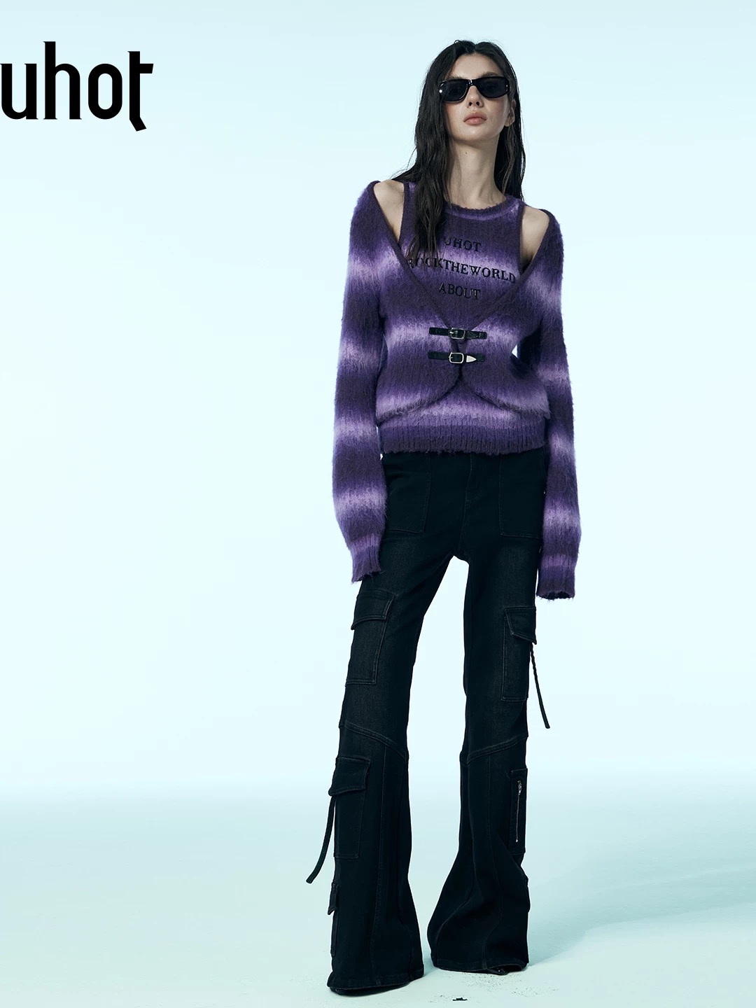 uhot/诱货黑色工装牛仔微喇裤大口袋装饰经典复古25新款UWWW2K235