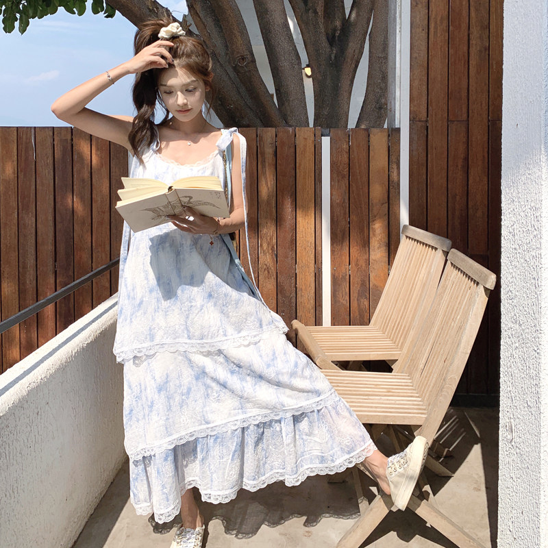 法式甜美花边扎染吊带连衣裙女2025夏季新款韩版宽松显瘦度假长裙,女装连衣裙,浙宝128A