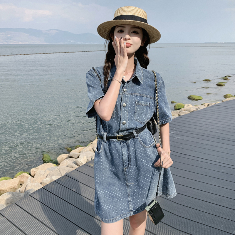 波点牛仔连衣裙女夏季2025新款港式复古减龄小个子收腰中长款裙子，女装连衣裙，浙宝128A