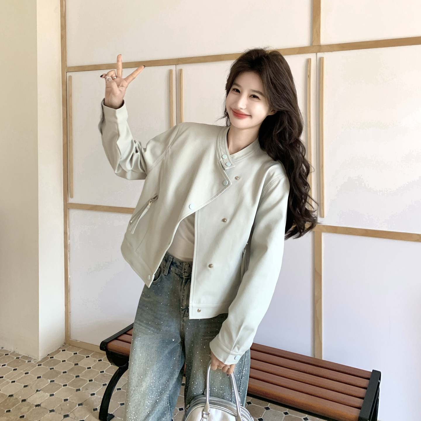 【现货】短款立领夹克外套P145-K238，女装短外套，浙宝128A