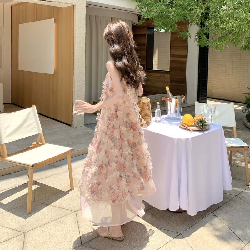 甜美木耳边粉色碎花网纱吊带连衣裙女夏2025新款简单大方超火长裙,女装连衣裙,浙宝128A