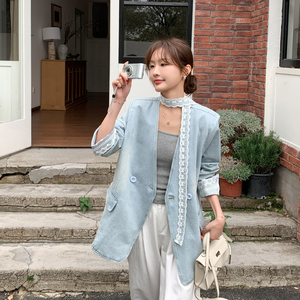 蓝色蕾丝拼接飘带牛仔外套女春秋2025新款独特漂亮休闲V领小西装图片