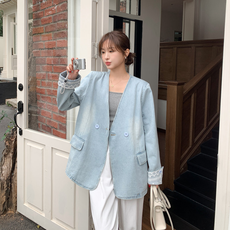蓝色蕾丝拼接飘带牛仔外套女春秋2025新款独特漂亮休闲V领小西装,女装短外套,浙宝128A