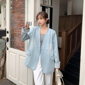 蓝色蕾丝拼接飘带牛仔外套女春秋2025新款独特漂亮休闲V领小西装图片
