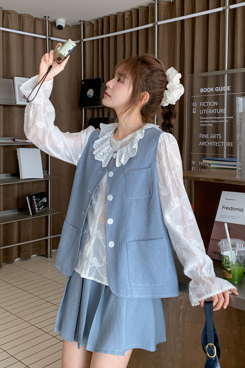 韩系设计感套装女2026新款超火减龄上衣马甲百褶裙穿搭三件套,女装套装/套裙,浙宝128A