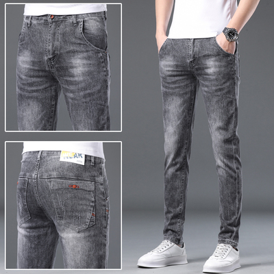 夏季新款灰色牛仔裤男士青年修身弹力水洗磨白冰丝浅色小脚长裤潮