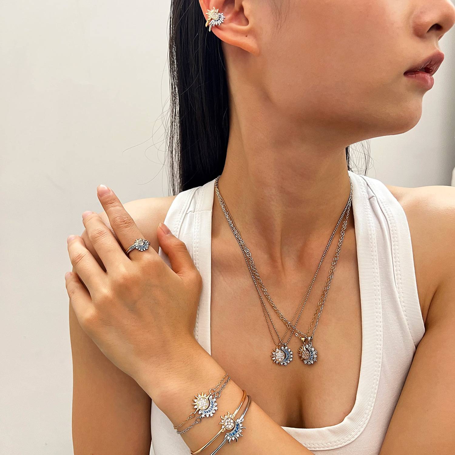 欧美个性复古设计感日月同辉叠戴女镶钻太阳月亮开口戒指指环图片